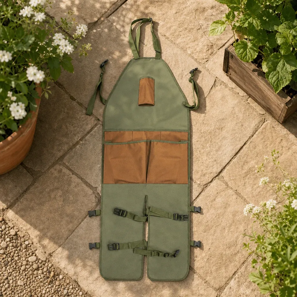 Olive and brown apron laid out beside a garden bed