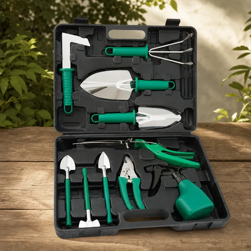 Open garden tool case in a front view