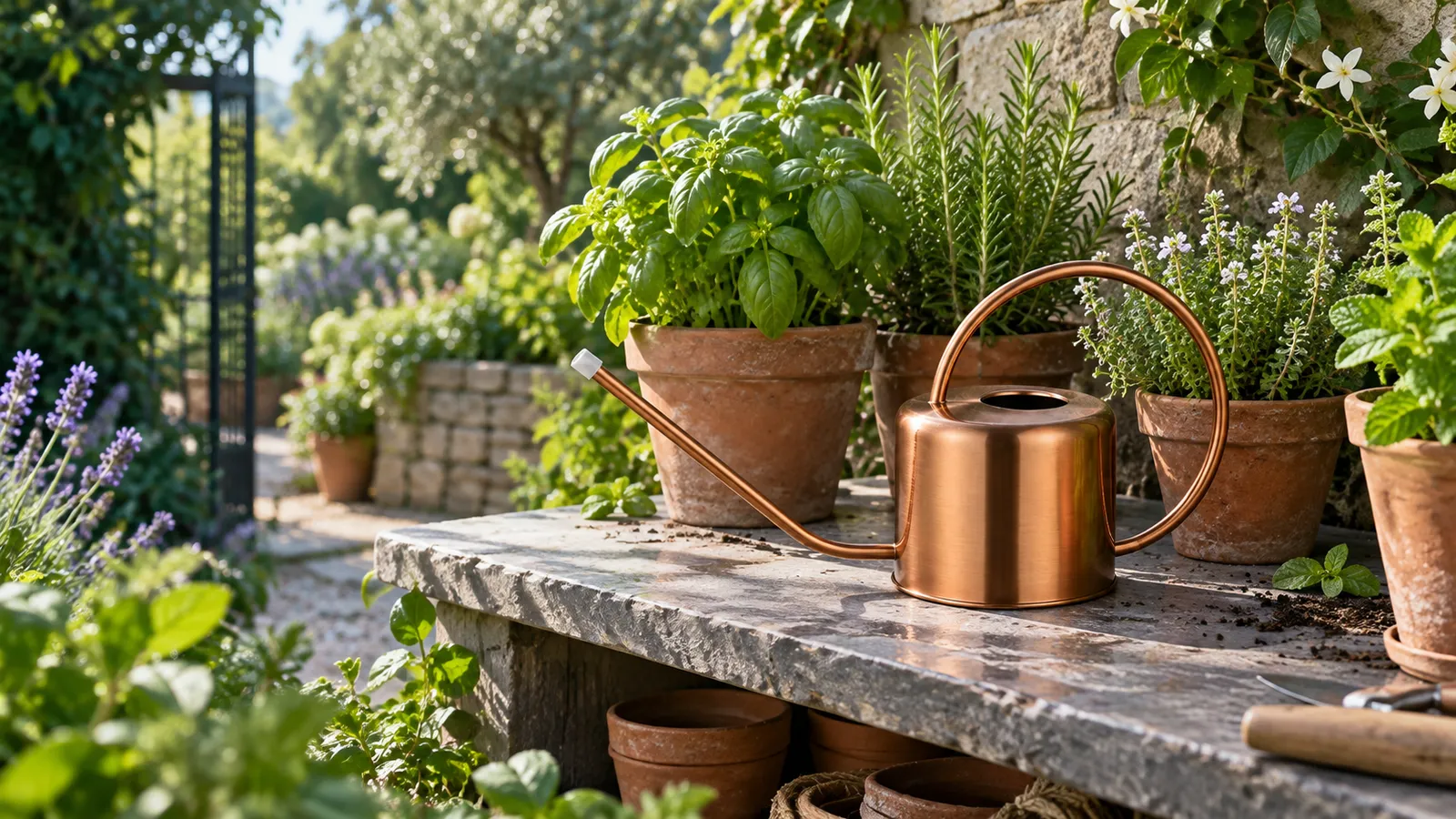 Copper-tone long-spout watering can on a stone potting bench in a leafy courtyard garden